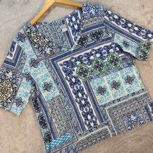Chico's Women's Patchwork Paisley Print Blue White Cotton Top V-Neck XL Size 3